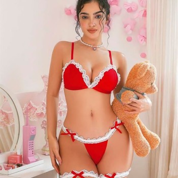 Arias Closet Boyunluklu Bacak Aksesuarlı Kırmızı Fantezi Hizmetçi Kostümü