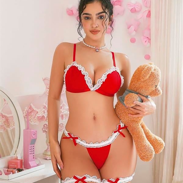 Arias Closet Boyunluklu Bacak Aksesuarlı Kırmızı Fantezi Hizmetçi Kostümü