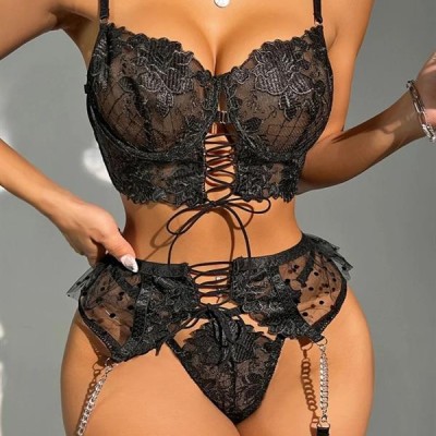 Arias Closet Büstiyerli Dantel Fantezi Siyah Jartiyer Takımı