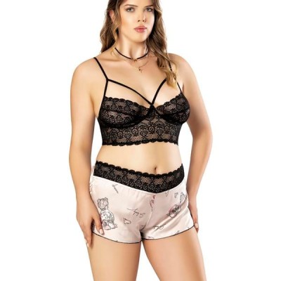 Arias Closet Büyük Beden Altı Şirin Desenli Üstü Dantel Fantezi Şortlu Saten Gecelik