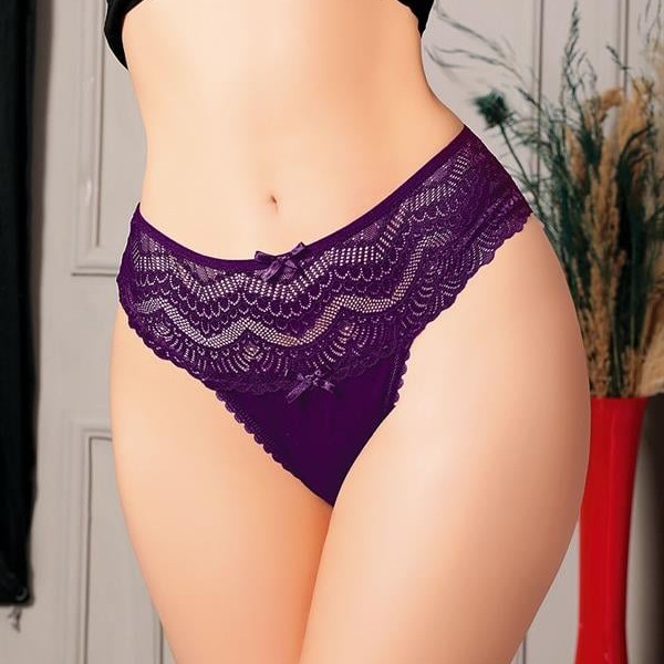 Arias Closet Büyük Beden Bel Kısmı Dantelli Fantezi Mor Tanga String