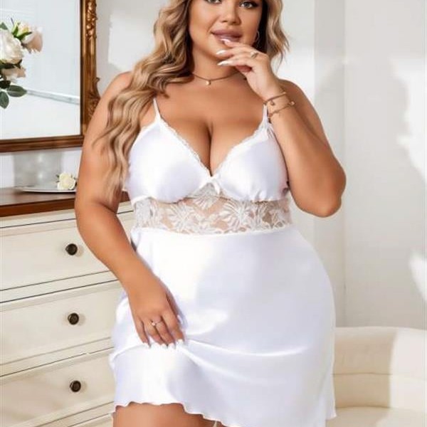 Arias Closet Büyük Beden Beyaz Dantel İşlemeli Saten Gecelik