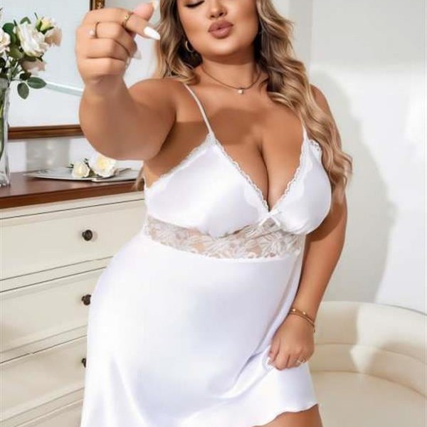 Arias Closet Büyük Beden Beyaz Dantel İşlemeli Saten Gecelik