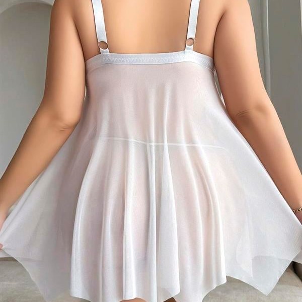 Arias Closet Büyük Beden Beyaz Kalın Askılı Kurdelalı Fantezi Tül Gecelik