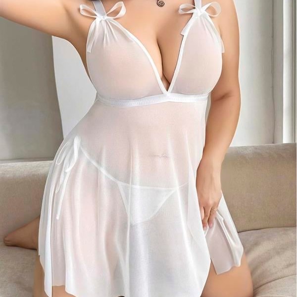 Arias Closet Büyük Beden Beyaz Kalın Askılı Kurdelalı Fantezi Tül Gecelik