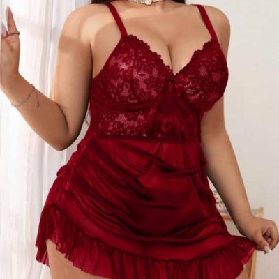 Arias Closet Büyük Beden Bordo Dantel İşlemeli Fırfırlı Gecelik