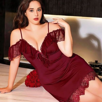 Arias Closet Büyük Beden Bordo Dantel İşlemeli İnce Askılı Gecelik