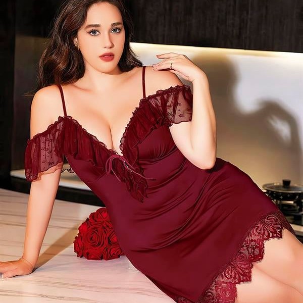 Arias Closet Büyük Beden Bordo Dantel İşlemeli İnce Askılı Gecelik