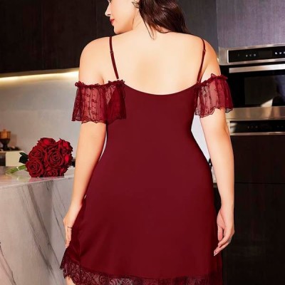 Arias Closet Büyük Beden Bordo Dantel İşlemeli İnce Askılı Gecelik