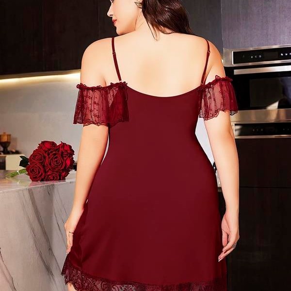 Arias Closet Büyük Beden Bordo Dantel İşlemeli İnce Askılı Gecelik