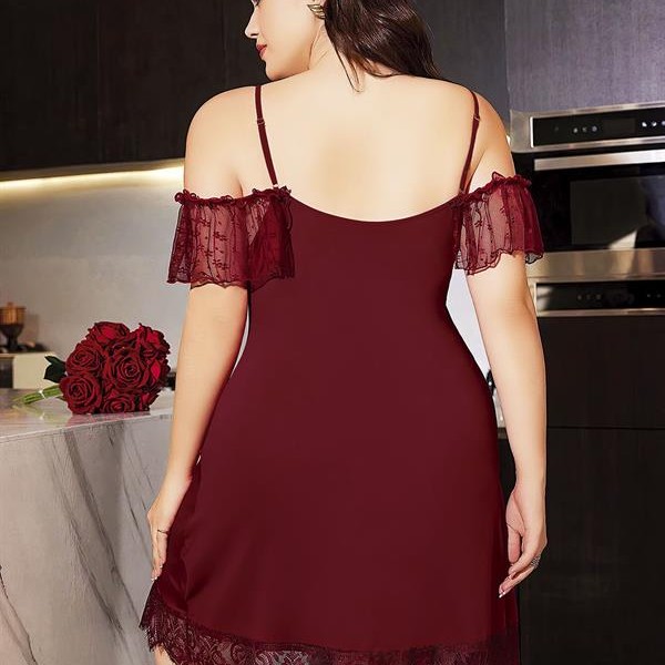 Arias Closet Büyük Beden Bordo Dantel İşlemeli İnce Askılı Gecelik