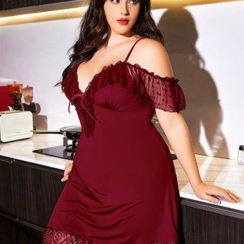 Arias Closet Büyük Beden Bordo Dantel İşlemeli İnce Askılı Gecelik