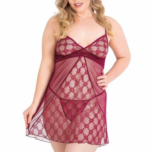 Arias Closet Büyük Beden Bordo Kısa Tül Gecelik