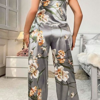 Arias Closet Büyük Beden Çiçek Desenli İnce Askılı Gri 2'Li Takım