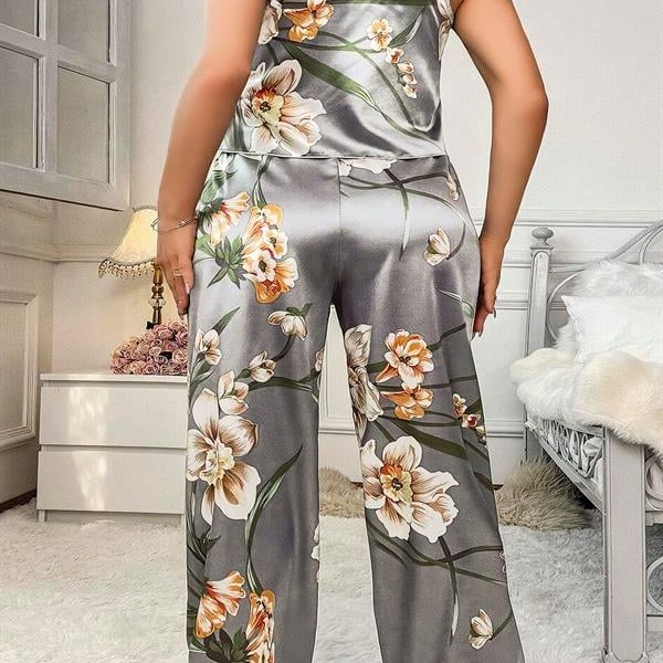 Arias Closet Büyük Beden Çiçek Desenli İnce Askılı Gri 2'Li Takım