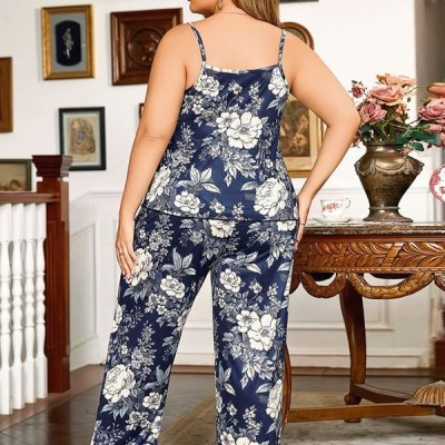 Arias Closet Büyük Beden Çiçek Desenli İnce Askılı Lacivert 2'Li Takım