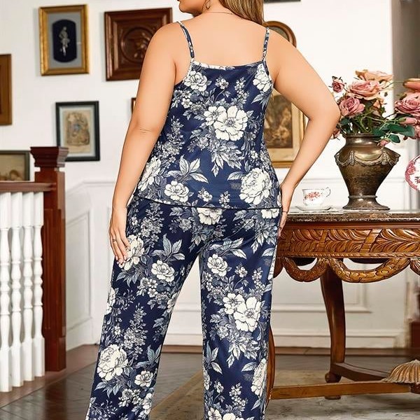 Arias Closet Büyük Beden Çiçek Desenli İnce Askılı Lacivert 2'Li Takım