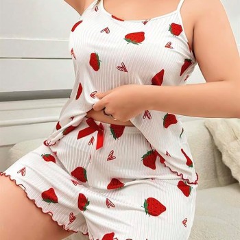 Arias Closet Büyük Beden Çilek Desen Pamuklu Şortlu Pijama Takımı