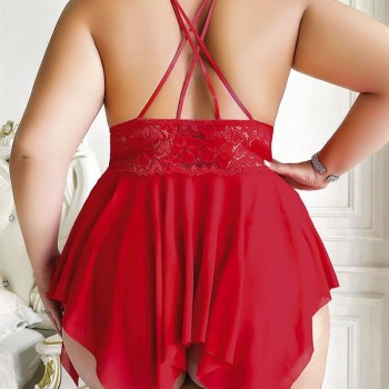 Arias Closet Büyük Beden Dantel İşlemeli Fırfırlı Dekolteli Fantezi Tül Kırmızı Gecelik