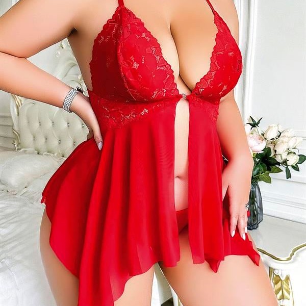 Arias Closet Büyük Beden Dantel İşlemeli Fırfırlı Dekolteli Fantezi Tül Kırmızı Gecelik