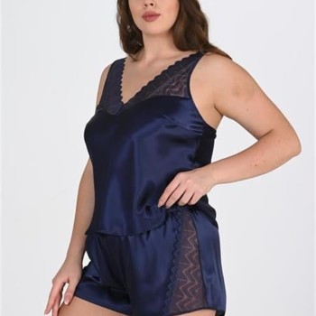 Arias Closet Büyük Beden Dantel İşlemeli Lacivert Saten Şortlu Gecelik Takımı