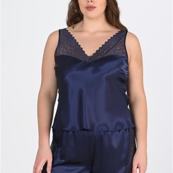 Arias Closet Büyük Beden Dantel İşlemeli Lacivert Saten Şortlu Gecelik Takımı