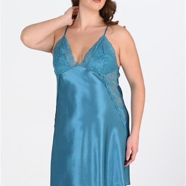 Arias Closet Büyük Beden Dantel İşlemeli Petrol Mavisi Saten Gecelik
