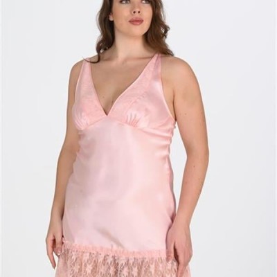 Arias Closet Büyük Beden Dantel İşlemeli Somon Saten Gecelik