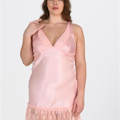 Arias Closet Büyük Beden Dantel İşlemeli Somon Saten Gecelik