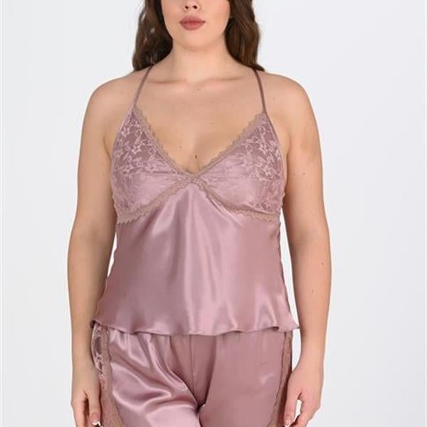 Arias Closet Büyük Beden Dantel İşlemeli Vizon Saten Şort Takımı