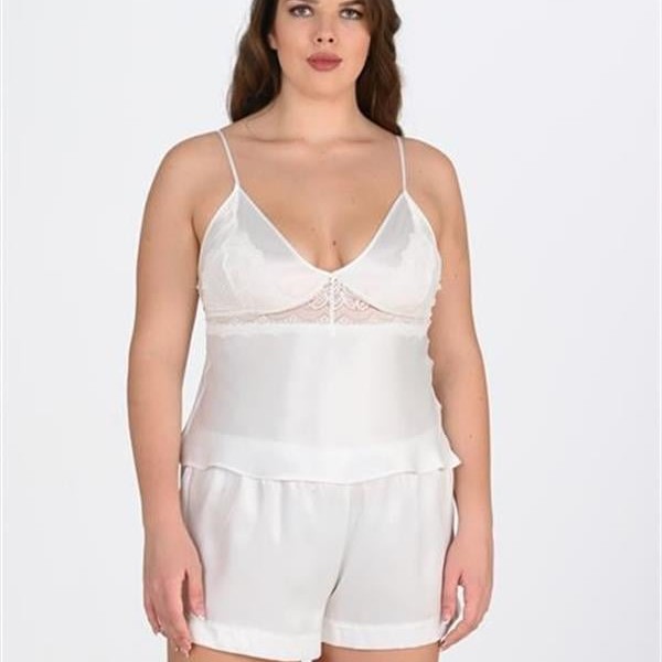 Arias Closet Büyük Beden Ekru Saten Şort Takımı