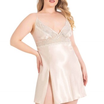 Arias Closet Büyük Beden Fildişi Kısa Saten Gecelik