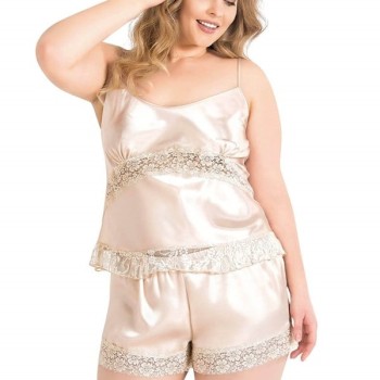 Arias Closet Büyük Beden Fildişi Saten Babydoll Şort Takımı