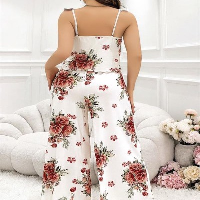 Arias Closet Büyük Beden Gül Desenli İnce Askılı Beyaz Salaş 2'Li Takım