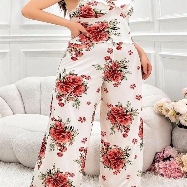 Arias Closet Büyük Beden Gül Desenli İnce Askılı Beyaz Salaş 2'Li Takım