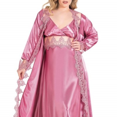 Arias Closet Büyük Beden Gül Kurusu Uzun İkili Saten Sabahlık Gecelik Takımı