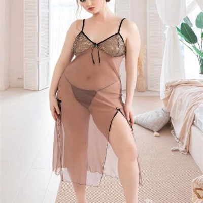 Arias Closet Büyük Beden Kahverengi Tül Fantezi Uzun Yırtmaçlı Gecelik