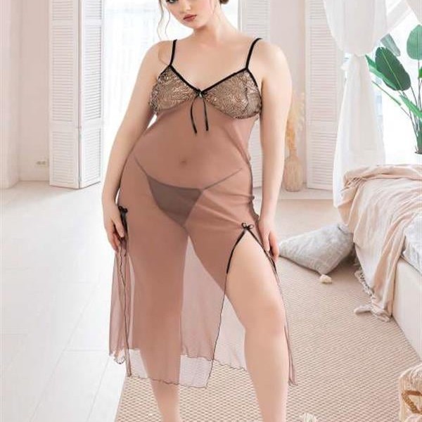 Arias Closet Büyük Beden Kahverengi Tül Fantezi Uzun Yırtmaçlı Gecelik