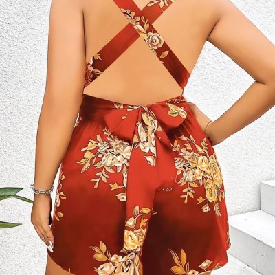 Arias Closet Büyük Beden Kahverengi Üstüne Çiçek Desenli Sırt Detaylı Elbise