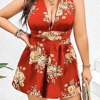 Arias Closet Büyük Beden Kahverengi Üstüne Çiçek Desenli Sırt Detaylı Elbise