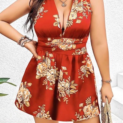 Arias Closet Büyük Beden Kahverengi Üstüne Çiçek Desenli Sırt Detaylı Elbise