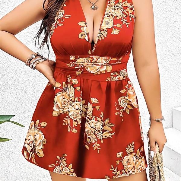 Arias Closet Büyük Beden Kahverengi Üstüne Çiçek Desenli Sırt Detaylı Elbise