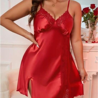 Arias Closet Büyük Beden Kırmızı Dantel Detaylı Saten Gecelik