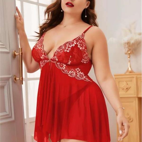 Arias Closet Büyük Beden Kırmızı Dantel İşlemeli Gecelik