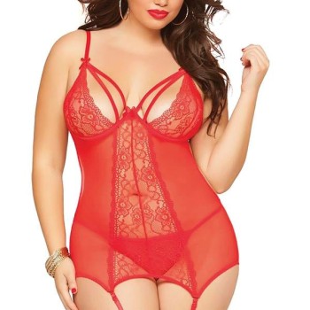 Arias Closet Büyük Beden Kırmızı Dantel İşlemeli Göğüs Dekolteli Fantezi Jartiyer Takımı