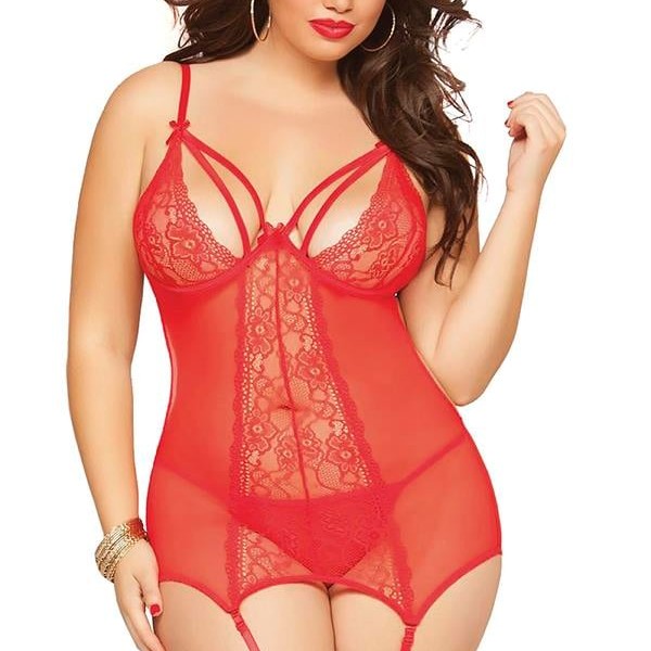 Arias Closet Büyük Beden Kırmızı Dantel İşlemeli Göğüs Dekolteli Fantezi Jartiyer Takımı
