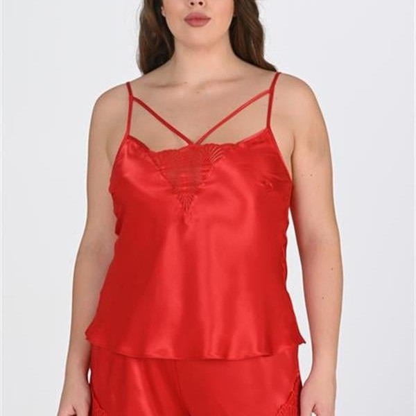 Arias Closet Büyük Beden Kırmızı Dantel İşlemeli Saten Şortlu Gecelik Takımı