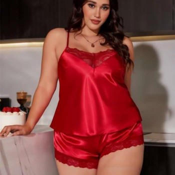 Arias Closet Büyük Beden Kırmızı Dantel İşlemeli Saten Şortlu Takım