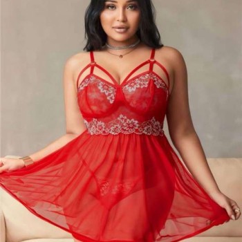 Arias Closet Büyük Beden Kırmızı Dantel İşlemeli Tül Gecelik