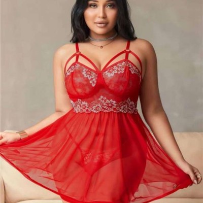 Arias Closet Büyük Beden Kırmızı Dantel İşlemeli Tül Gecelik